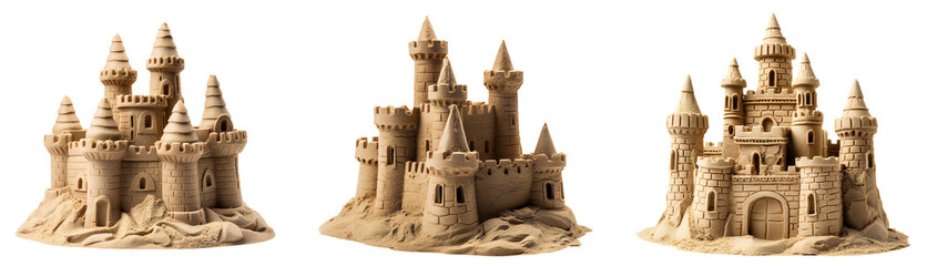 A set of three types of sand castles. Summer and beach design elements, sand castles, side view. Beautiful sand castles on the beach. Isolated on transparent background. KI.