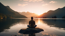 Back View Of A Man Sitting In Yoga Pose In The Sundown With A Lake And Mountains In Front Of Him Created By Generative AI