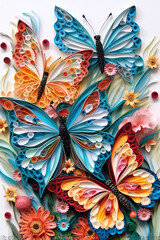 Poster - A bunch of colorful paper butterflies on a white surface. Generative AI.