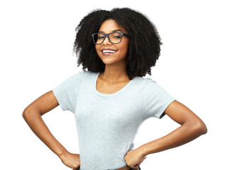 Portrait, smile and black woman with glasses, confidence and fashion isolated on a transparent png background. Face, nerd and happiness of African female model from Nigeria, hands on hips and style