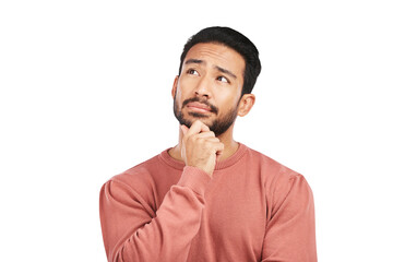 Leinwandbilder - Thinking, planning and young man with brainstorming, solution or memory for thoughts. Emoji, question and male model with decision or choice face expression isolated by transparent png background.