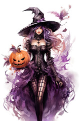 Wall Mural - A woman in a witch costume holding a pumpkin. Generative AI. Cute Halloween witch with Jack-o'-lantern.