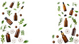 Fototapeta  - Dropper and spray bottles macadamia nuts cotton flowers and herbs isolated on transparent background flat lay view with copy space