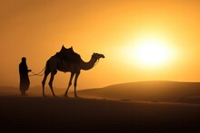 Silhouette Man Wearing Traditional Clothes, Taking A Camel Out On The Desert Sand. Generative AI