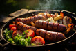 sausages on the grill and salad