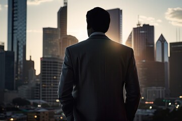 Handsome Businessman in Suit with City Skyline Background. Success and Professional Concept