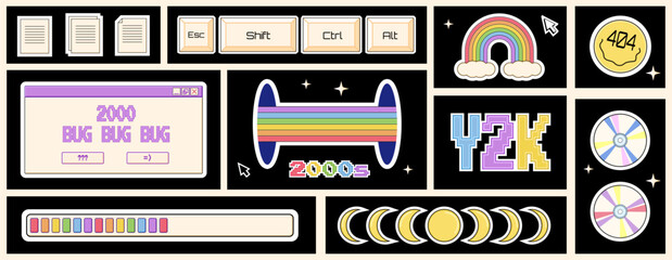 Poster - Set of different stickers, open computer windows, buttons in 2000s aesthetics, Y2K labels, decorative design elements.