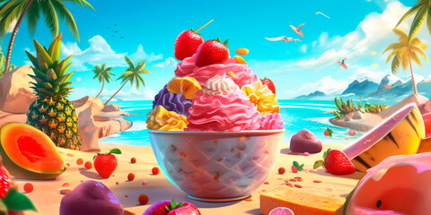 Tropical ice cream background with palm trees, tropical fruits, and refreshing scoops of exotic flavors. Generative AI