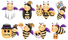 Spooky And Cute Halloween Bees Costume Set.Litlle Bee Ghost With Wings,red Horns,boo Letters,balloons,pumpkin Basket And Honey.