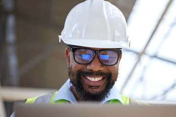 Poster - Architecture, planning and laptop with black man on construction site for engineering, building and design. Technology, research and digital with face of contractor for project management and graphic