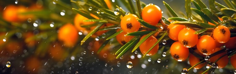 Fresh tasty sea buckthorn berries on a branch, after rain, juice splashing around, rain drops, bright sunlight, bokeh natural dark background, banner, AI Generated