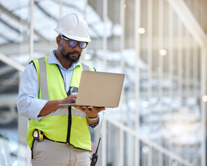 Poster - Architecture, research and laptop with black man in warehouse for engineering, building and design. Technology, planning and digital with contractor focus for project management and graphic