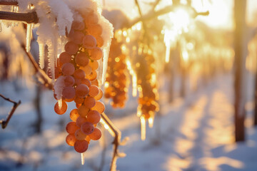 close up von weintrauben am weinstock überzogen mit eis bei tief stehender sonne im gegenlicht. eisw