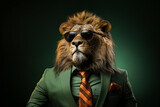 Fototapeta Sypialnia - PortraitPortrait of lion with sunglasses wearing suit and tie standing over solid green background. Generative AI.of lion with sunglasses wearing suit and tie on solid green background. Generative AI.