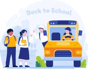 Wall Mural - Students go to school by school bus and greet each other. Back to school concept illustration