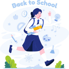 Wall Mural - A School Girl in uniform with a backpack running happily back to school. Back to School concept illustration