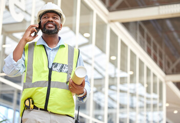Poster - Architecture, black man or engineer on a phone call conversation for building construction. Blueprint, industrial or African designer in a discussion networking or speaking of engineering project