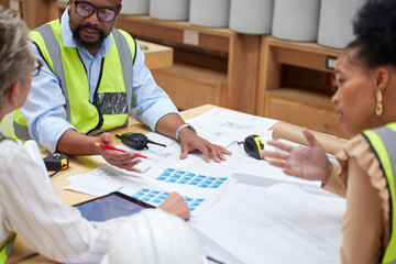 Fototapete - Meeting, documents and engineering people with blueprint in teamwork, collaboration and construction ideas. Project management, floor plan and manager, women or group with paperwork for architecture