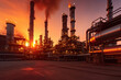 © Shinonome Studio - Petrochemical Refinery Complex in the morning, with its industrial structures and chimneys rising against the scenic backdrop. Generative AI.
