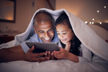 Sticker - Father, kid and smile with tablet at night under blanket of online games, reading ebook or storytelling app. Happy dad, girl child or watch cartoon movie on digital tech, media or internet in bedroom