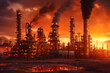 © Shinonome Studio - Petrochemical Refinery Complex in the morning, with its industrial structures and chimneys rising against the scenic backdrop. Generative AI.