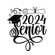 Senior 2024 - hand drawn graduadion cap and diploma.
