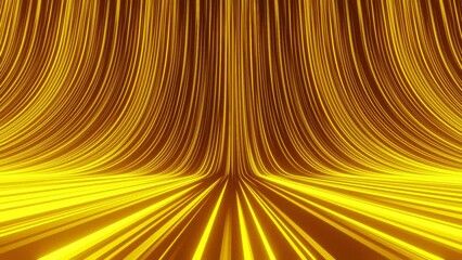Fototapete - Creative texture with yellow shiny particles running up. Meditation screen abstract background animation. Party celebration striped pattern. Golden rays cgi.