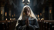Portrait of a Christian Nun praying in a big church