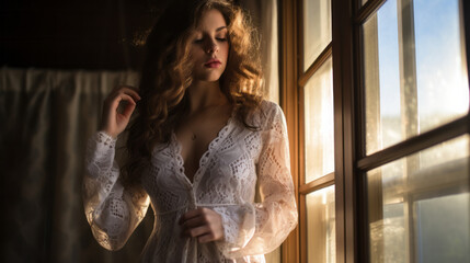 Sexy woman wearing a lace babydoll in a bedroom with window and sunset light