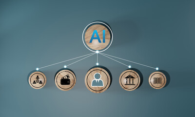 AI network with people. Wooden cube block with AI, Artificial Intelligence,System Artificial intelligence an artificial intelligence chatbot, Digital chatbot, robot application, conversation