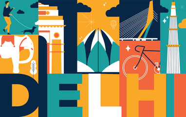 Wall Mural - Delhi culture travel set, famous architectures and specialties in flat design. Business travel and tourism concept clipart. Image for presentation, banner, website, advert, flyer, roadmap, icons