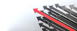 Leadership and growth concept, red arrow standing out from the crowd of black arrows, on white background with empty copy space on left side. 3D Rendering