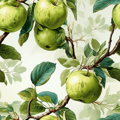 Wall Mural - Watercolor illustration: seamless pattern of apples on the branches. AI