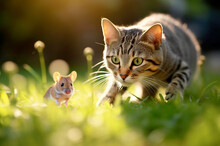 The Cat Catches The Mouse On The Green Grass.