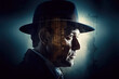 © alexkoral - male detective in hat with a double multi exposure. Poster banner for thriller movie and novel book. Generative AI illustration