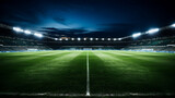 Fototapeta Sport - Football stadium with spotlights and empty green grass playground, football stadium sport Generative AI