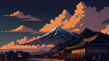 landscape with massive clouds behind a big mountain Japanese style village in the background beautiful art, beautiful landscape, deep collars, sundown, warm orange colors, 1600 Japanese town, old aest