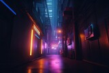 Fototapeta Przestrzenne - Futuristic Cyberpunk alleyway, with a dark and moody atmosphere, and glowing neon lights casting shadows on the walls Generative AI