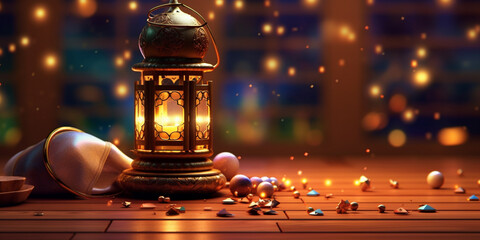 Ramadan festival lantern and props on the floor background. Culture and religion concept. Digital art illustration