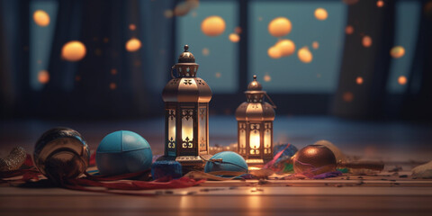 Ramadan festival lantern and props on the floor background. Culture and religion concept. Digital art illustration