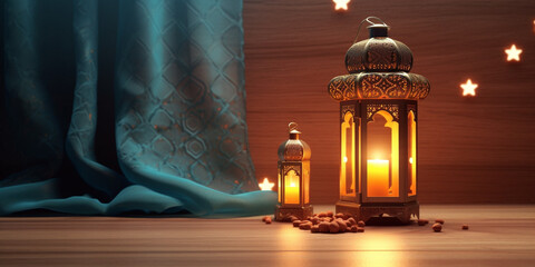 Ramadan festival lantern and props on the floor background. Culture and religion concept. Digital art illustration