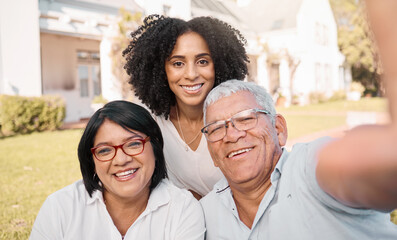 Sticker - Family, parents and adult daughter in selfie, happy outdoor and relax on lawn, bonding and love with memory. Senior man, women and smile in picture, social media post and care with trust in garden