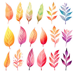 Wall Mural - Rainbow colored leaves and branches, collection isolated on white, illustration in watercolor style