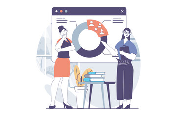 Leinwandbilder - focus group concept with people scene in flat design for web. women works with pie chart presentatio