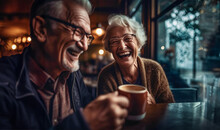Older Couple, People, Drinking Coffee Together Happiness On Retirement, Grey Hair, Wrinkled Faces, Concept Of Happy Couple, Togetherness And Happiness.