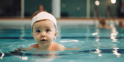 Generative AI, a small child learns to swim in the pool, baby swimming, blue water, cute children, swimming training advertisement, space for text, big eyes, early development, healthy lifestyle
