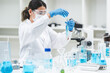© chokniti - medicine research in chemical laboratory, chemist scientist working with liquid experiment test analysis by using scientific tube beaker glassware, chemistry science pharmaceutical medical lab concept