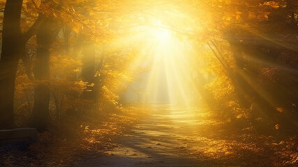 Wall Mural - bright sunrays falling through golden autumn trees along an alley in a park