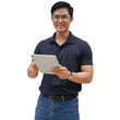 close up young asian trader man looking and hold digital tablet to check about global financial and stock market for business lifestyle and png design concept
