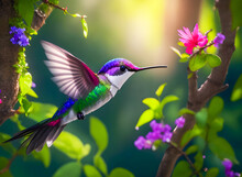 Hummingbird Colorful In The Wild Nature. Generative AI